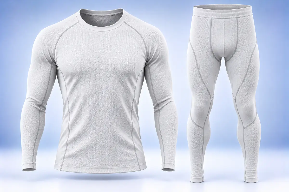 White long-sleeve base-layer top and leggings with grey flatlock seams, front view