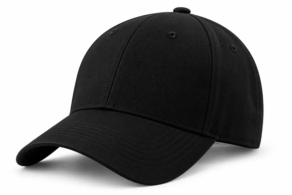 Black six-panel baseball cap with stitched curved peak, three-quarter view