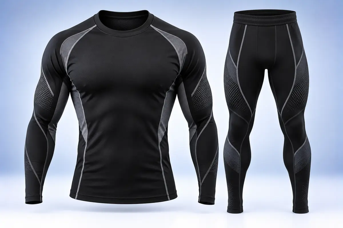 Black long-sleeve compression top and tights with grey contour panels, front view
