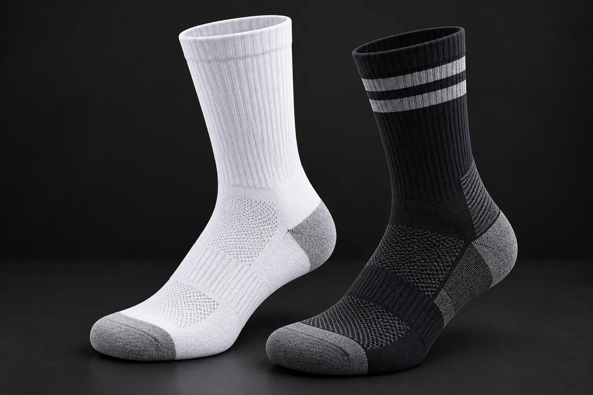 White crew sock and black crew sock with grey stripes, both with grey cushioned heel and toe and ribbed cuffs