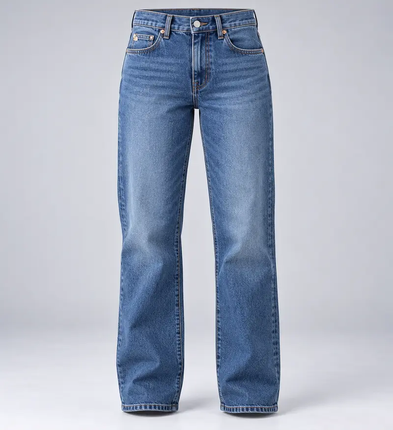 Mid-blue straight-leg five-pocket jeans, front view