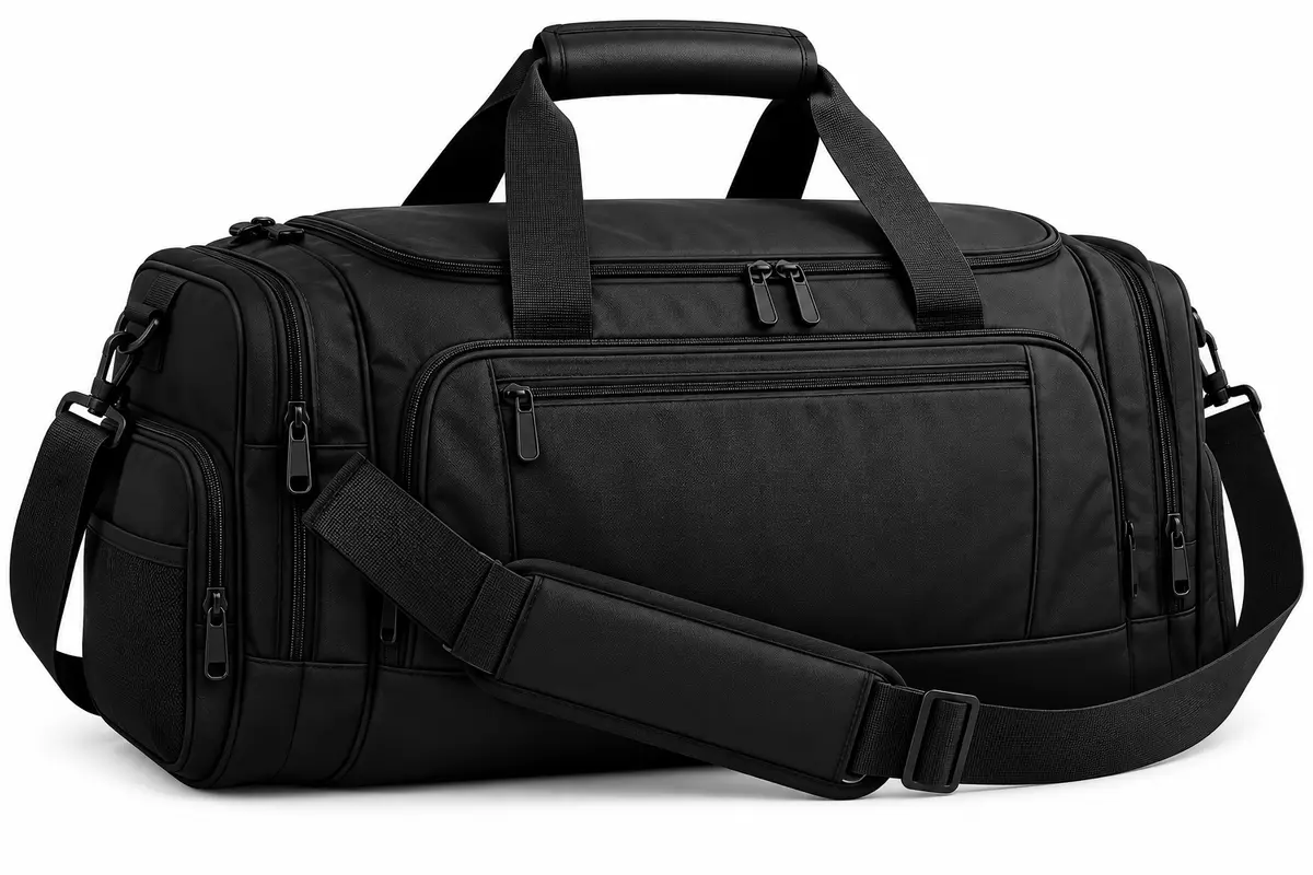 Black duffle bag with zipped side and front pockets, carry handles and padded shoulder strap