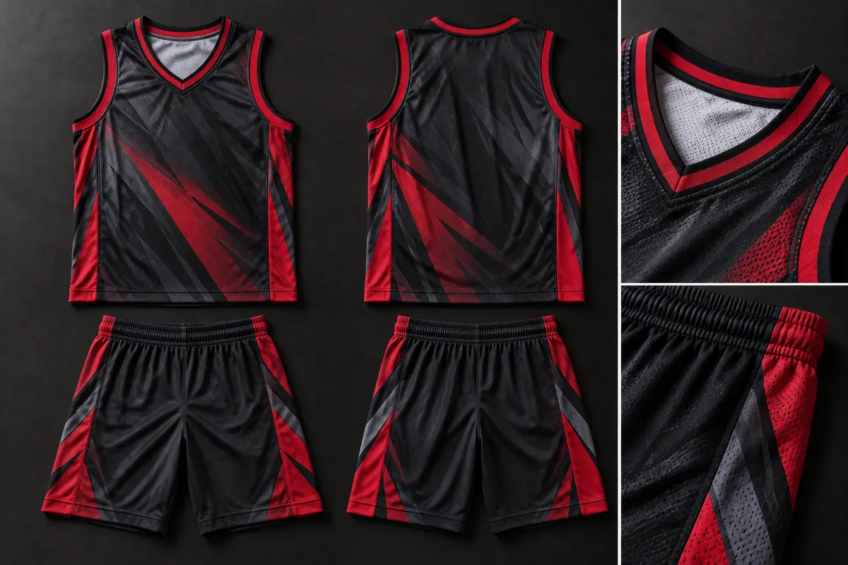 Black and red sublimated basketball vest and shorts shown front and back, with close-ups of the V-neck trim and mesh shorts panel