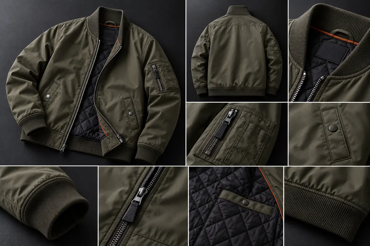 Olive flight bomber jacket with rib collar and quilted black lining, shown front and back with close-ups of the sleeve zip pocket, snap pocket, cuff, zip and lining