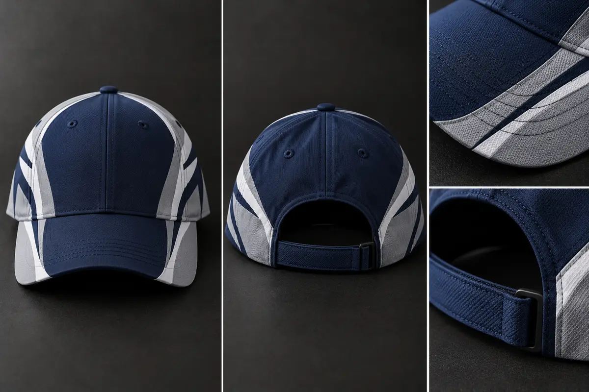 Navy six-panel cap with white and grey curved side panels, shown front and back with close-ups of the stitched peak and adjustable back strap