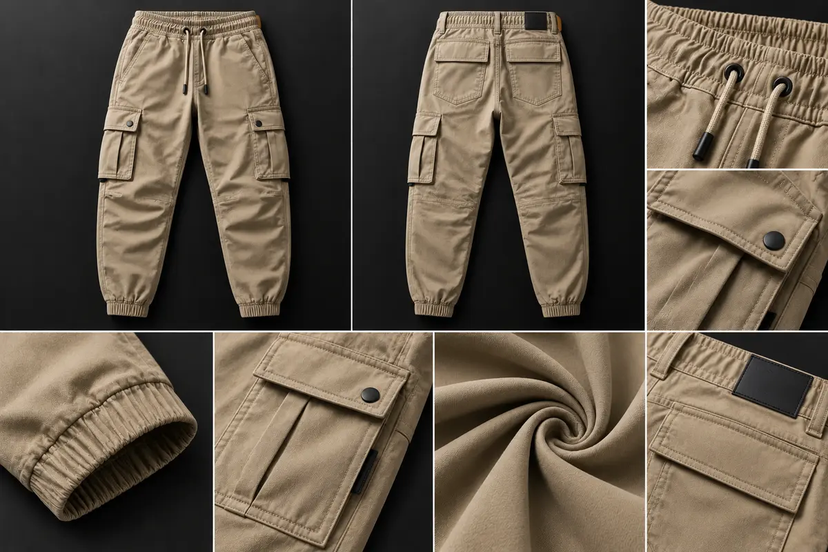 Beige cargo jogger pants shown front and back, with close-ups of the drawcord waist, snap-flap cargo pocket, cuff, fabric and back patch label