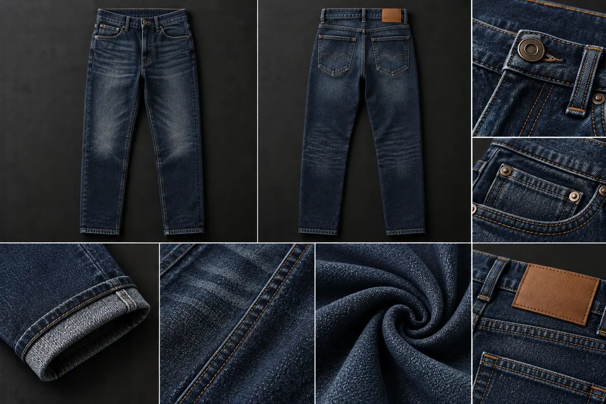 Dark indigo straight-leg five-pocket jeans shown front and back, with close-ups of the shank button, coin pocket, rivets, selvedge-style hem, fabric and leather patch