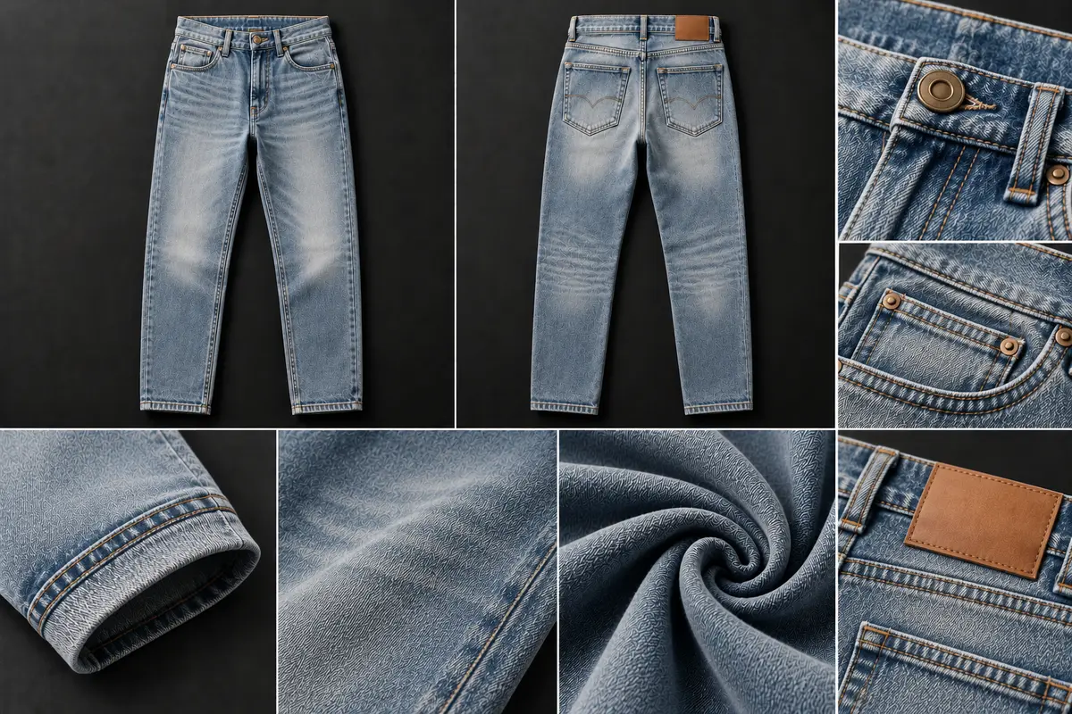 Light-blue stonewashed five-pocket jeans shown front and back, with close-ups of the button, coin pocket, hem, fabric and leather patch