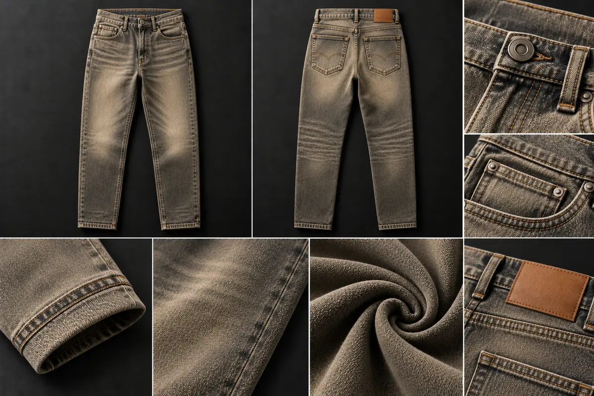 Brown-tinted vintage-wash five-pocket jeans shown front and back, with close-ups of the button, coin pocket, hem, fabric and leather patch