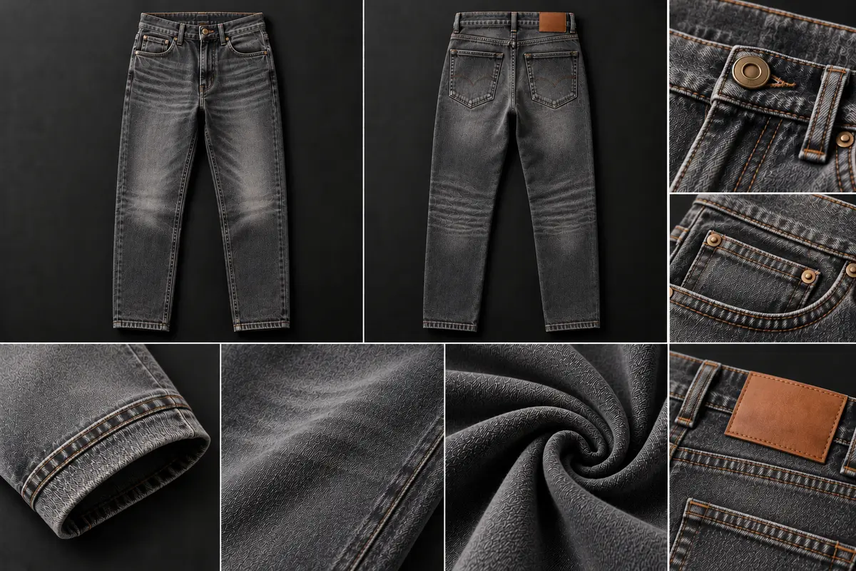 Washed black-grey straight-leg five-pocket jeans shown front and back, with close-ups of the button, coin pocket, hem, fabric and leather patch