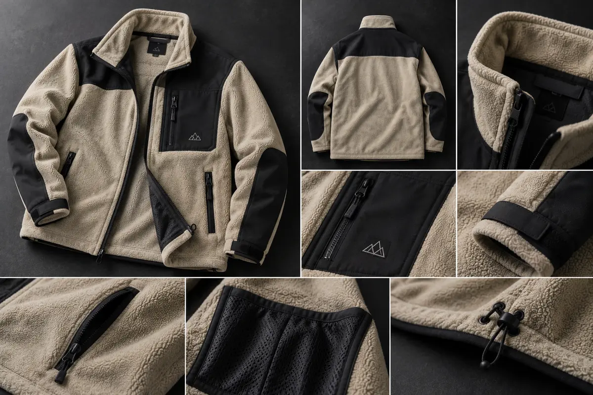 Beige sherpa fleece full-zip jacket with black woven shoulder, chest-pocket and elbow overlays, shown front and back with close-ups of the collar, pockets, cuff, mesh lining and drawcord hem