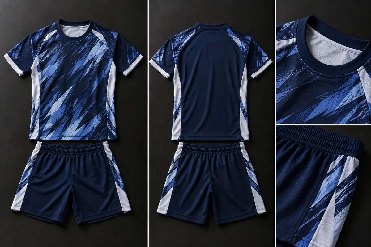 Navy and blue sublimated football shirt with white side panels and matching navy shorts, shown front and back with neckline and shorts close-ups