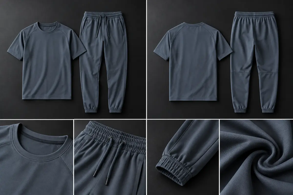 Slate-grey raglan T-shirt and drawcord joggers shown front and back, with close-ups of the neckline, drawcord waist, cuff and fabric