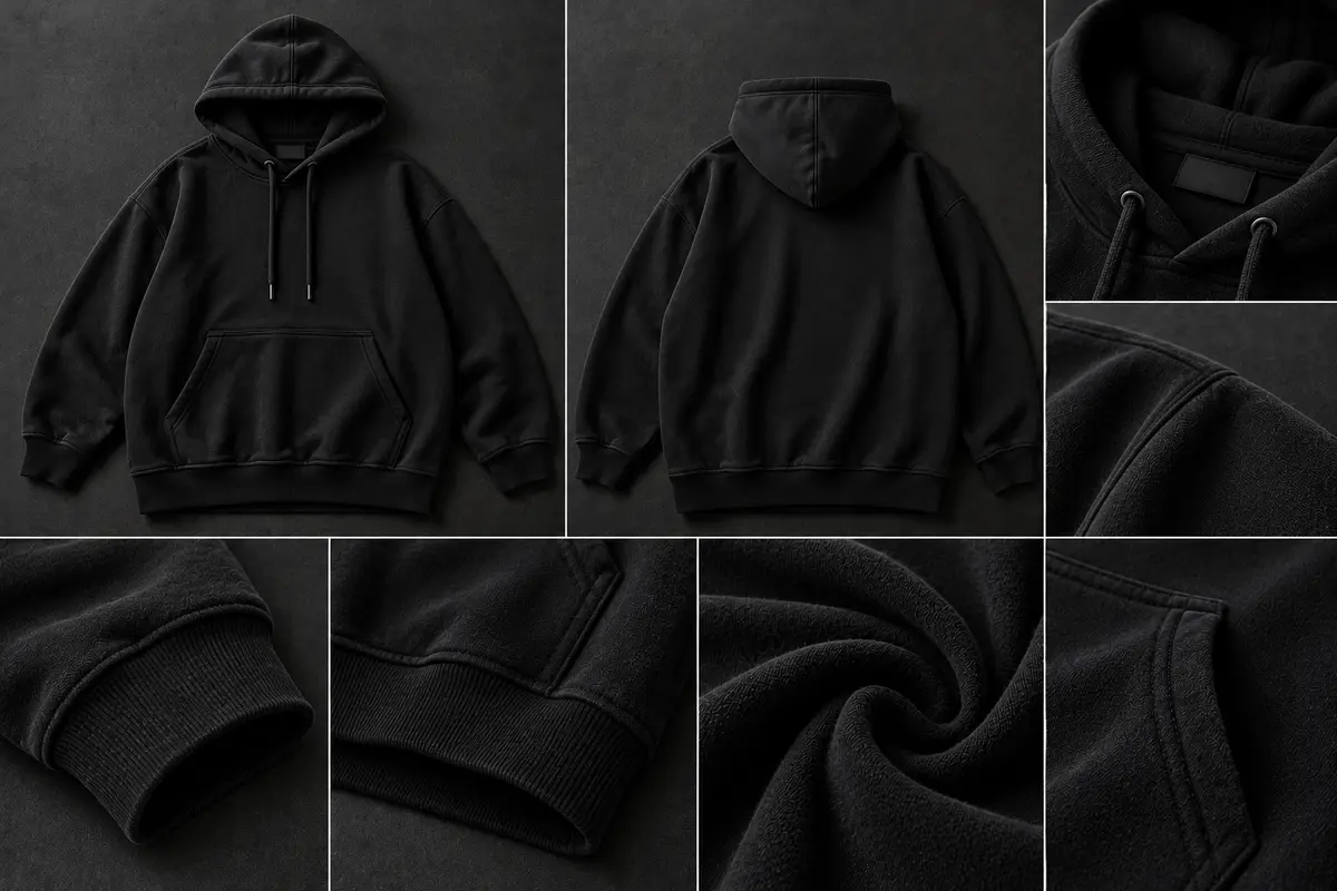 Black pullover hoodie shown front and back, with close-ups of the hood drawcords, shoulder seam, cuff, hem, fabric and kangaroo pocket