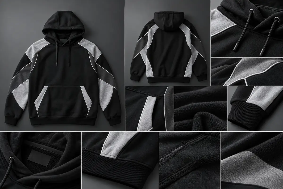 Black pullover hoodie with grey and charcoal colour-block panels and white piping, shown front and back with close-ups of drawcords, panels, cuffs and fleece