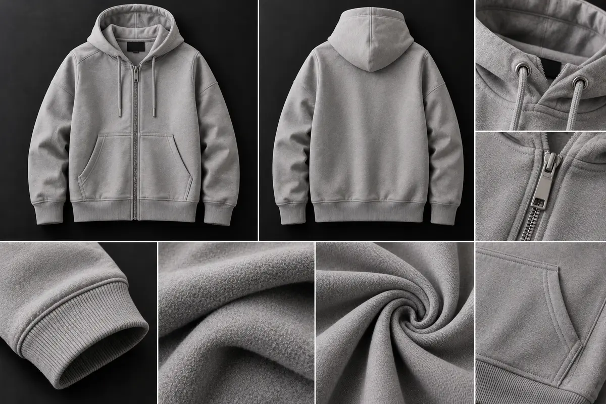 Grey full-zip hoodie shown front and back, with close-ups of the drawcord hood, metal zip, cuff, fabric and kangaroo pocket