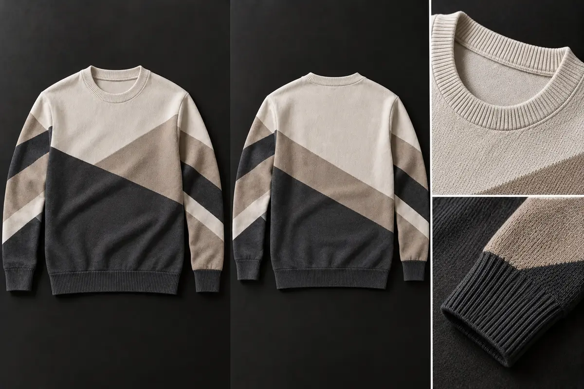 Crew-neck knit sweater with cream, taupe and charcoal diagonal colour blocks, shown front and back with close-ups of the rib neckband and cuff