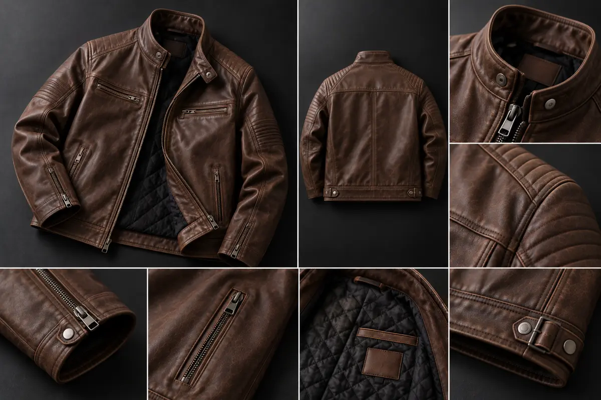 Brown leather racer jacket with quilted lining, shown front and back, with close-ups of the snap collar, quilted shoulders, zip cuff, zip pocket, lining and waist tab
