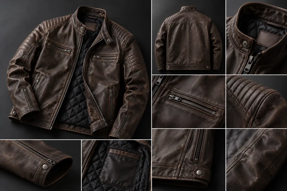Dark-brown distressed leather racer jacket with quilted lining, shown front and back with close-ups of the collar, chest pocket, quilted shoulder, cuff zip and lining pocket