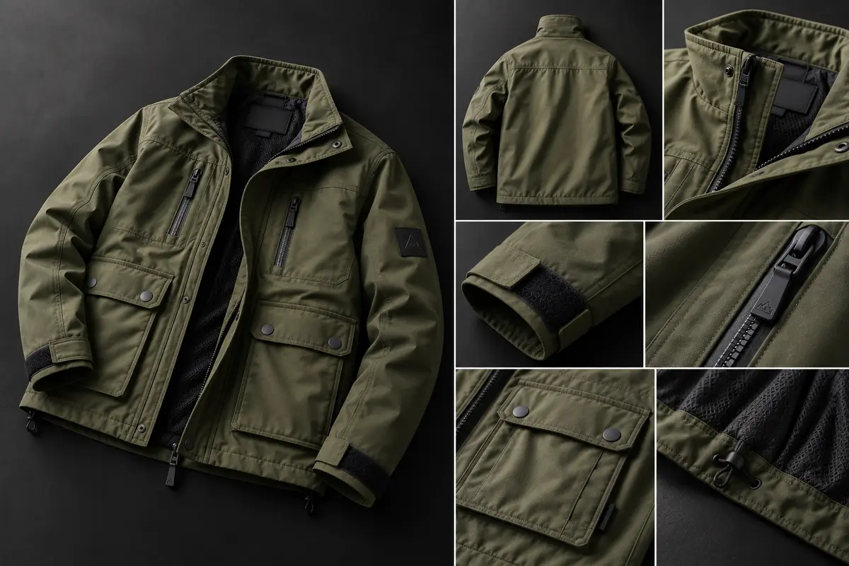 Olive utility shacket with stand collar, zipped chest pockets and snap-flap patch pockets, shown front and back with close-ups of the collar, cuff tab, chest zip, flap pocket and mesh lining