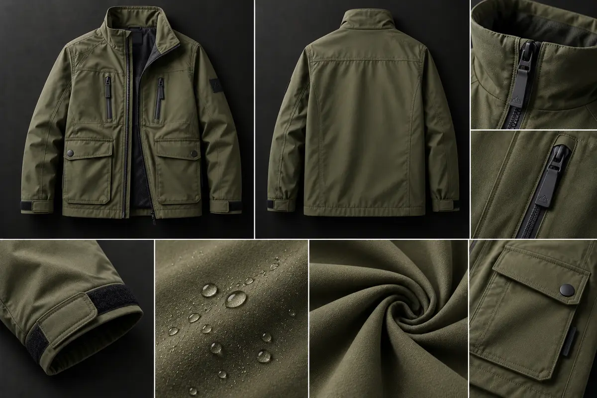 Olive zip-front utility shacket with zipped chest pockets and snap-flap patch pockets, shown front and back with close-ups of the collar, cuff tab, chest zip, fabric and flap pocket