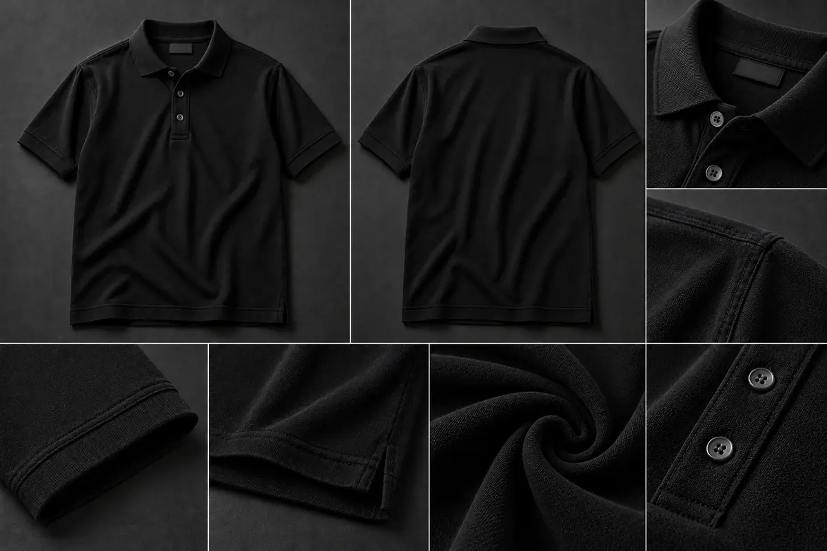 Black short-sleeve polo shirt shown front and back, with collar, two-button placket, sleeve, hem and fabric close-ups