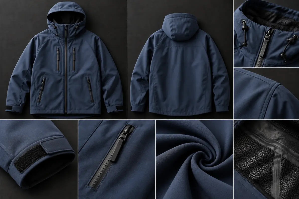 Navy hooded softshell jacket shown front and back, with close-ups of the adjustable hood, shoulder, hook-and-loop cuff, zip pocket, fabric and taped inner seam