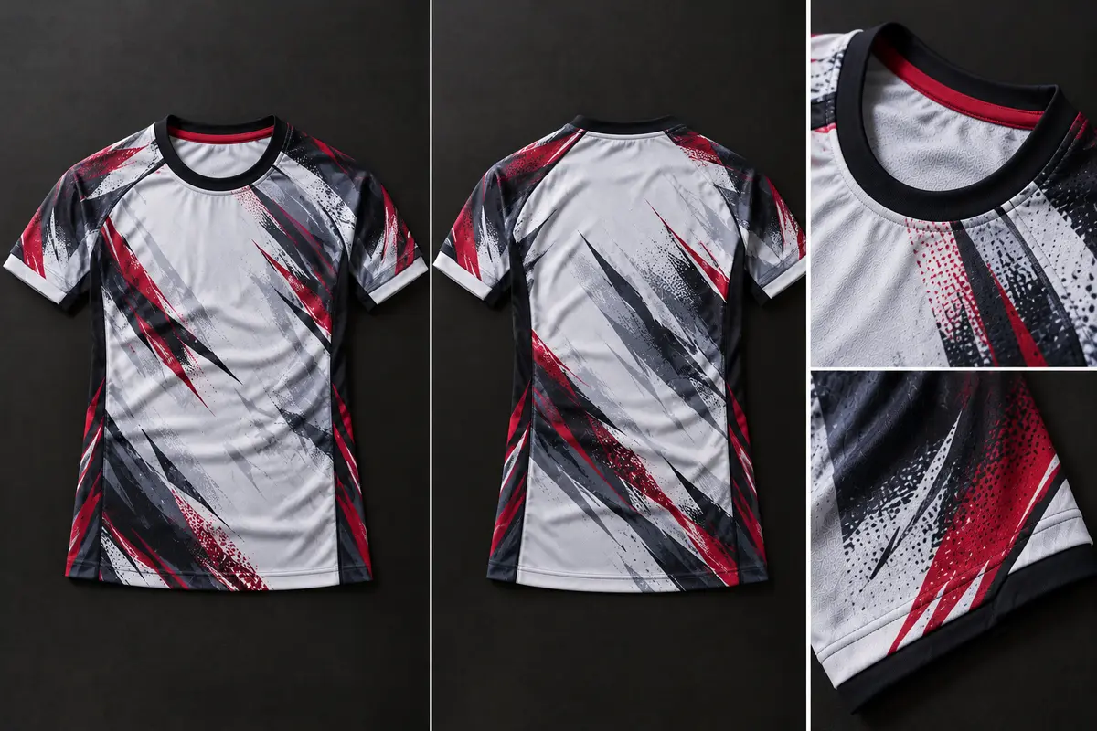 White crew-neck sports jersey with black, grey and red sublimated brush-stroke graphics, shown front and back with neckline and hem close-ups