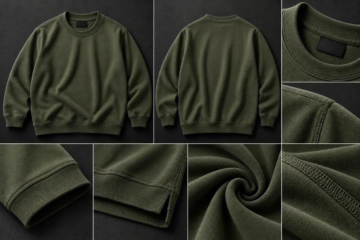Olive crew-neck sweatshirt shown front and back, with close-ups of the neckband label, shoulder seam, cuff, hem, fabric and stitching