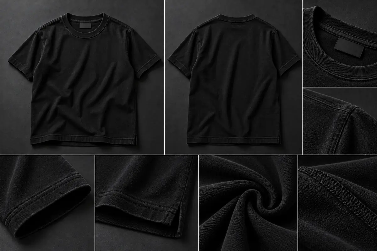 Black crew-neck T-shirt shown front and back, with close-ups of the rib neckband, sleeve hem, side vent and fabric