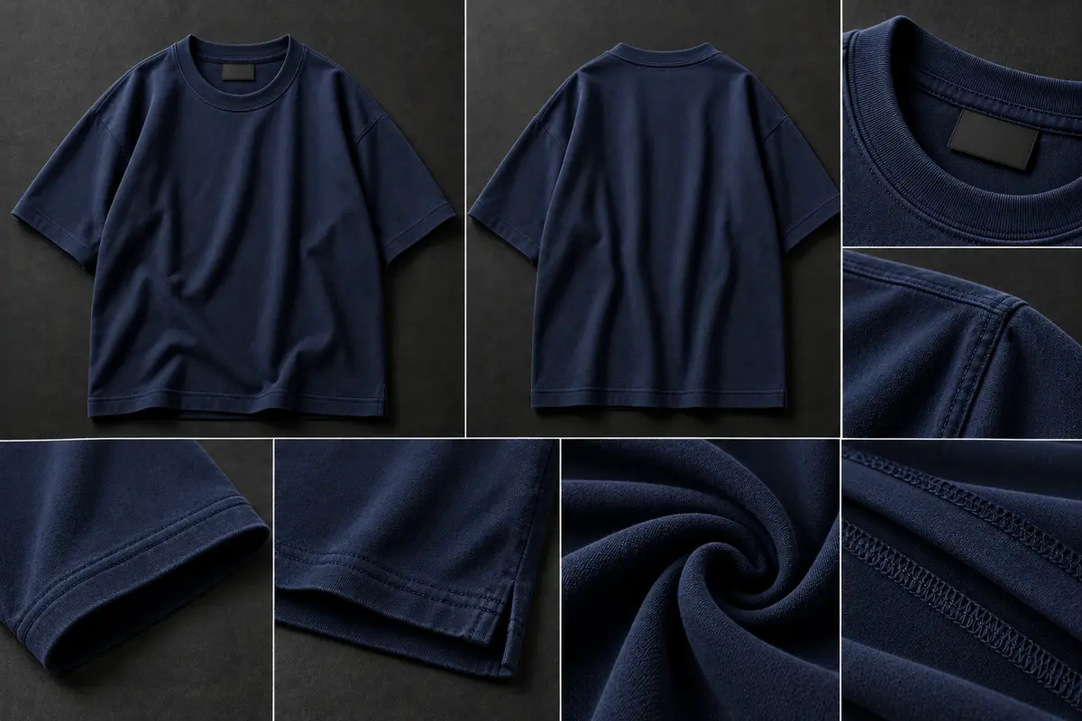 Navy oversized T-shirt with dropped shoulders shown front and back, with neckband, sleeve, hem and stitching close-ups
