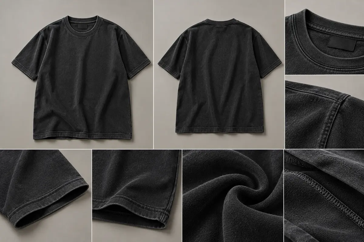 Washed charcoal T-shirt with a faded finish shown front and back on a grey background, with neck, sleeve, hem and seam close-ups