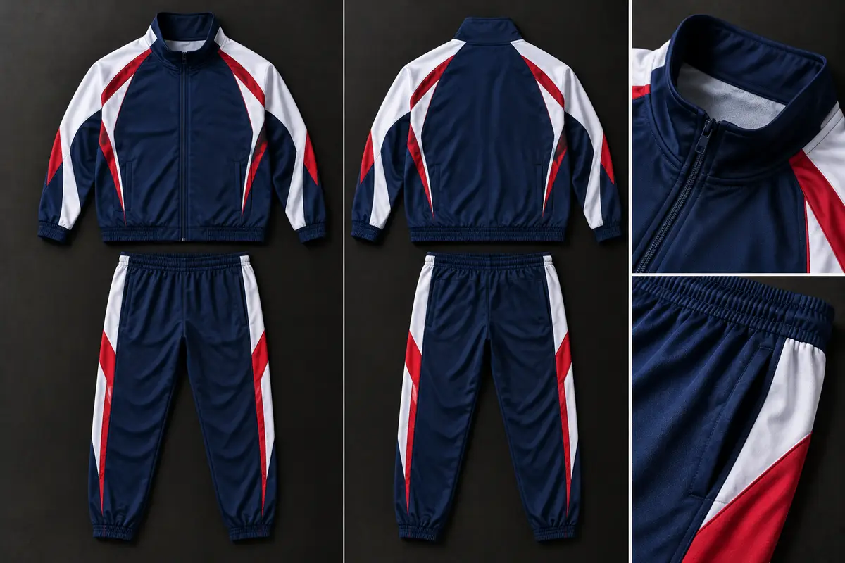 Navy team tracksuit with white and red panels: stand-collar zip jacket and pants shown front and back, with collar and pocket close-ups