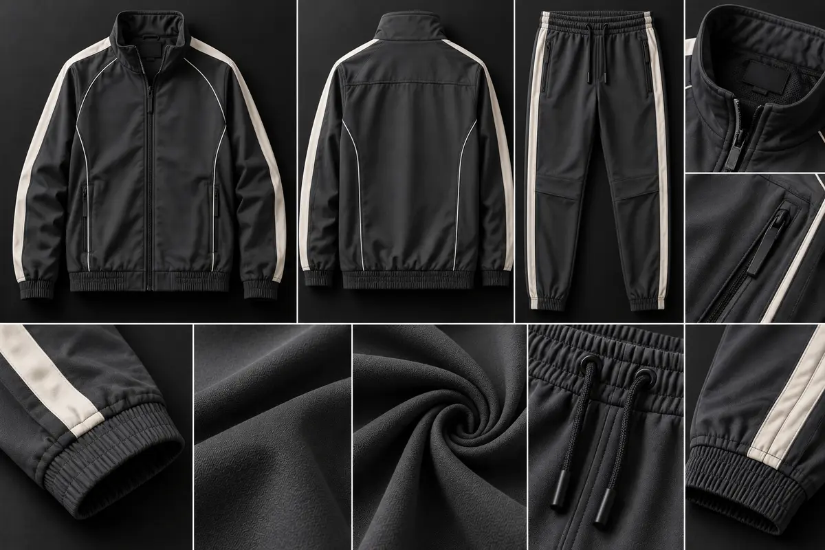 Black tracksuit with cream sleeve and leg stripes and white piping: jacket front and back, pants, and close-ups of the collar, zip pocket, cuff, fabric and drawcord