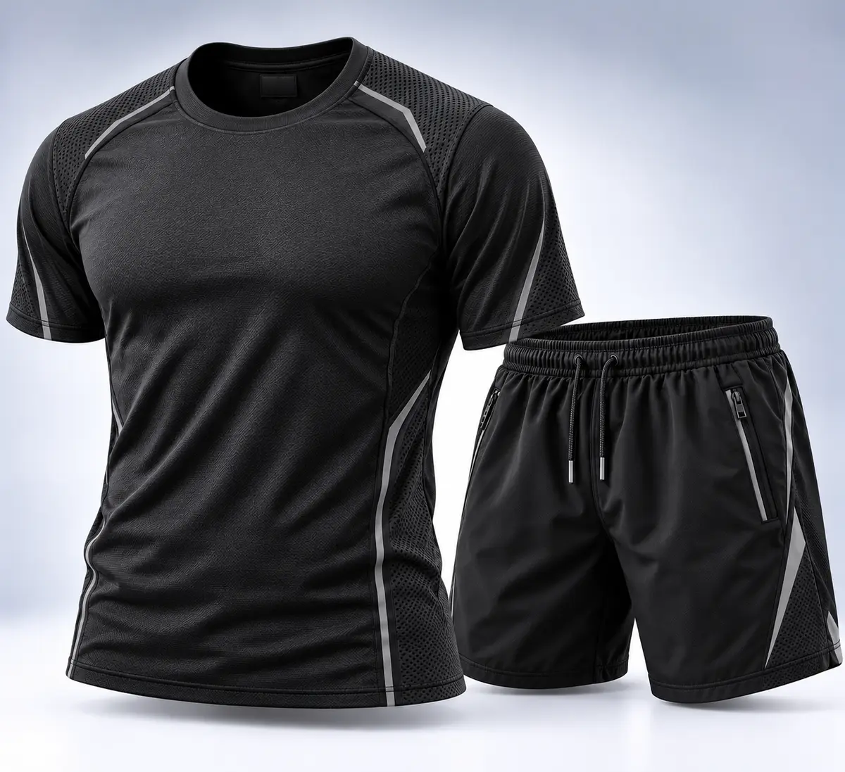 Black short-sleeve training T-shirt with mesh panels and matching zip-pocket shorts, front view