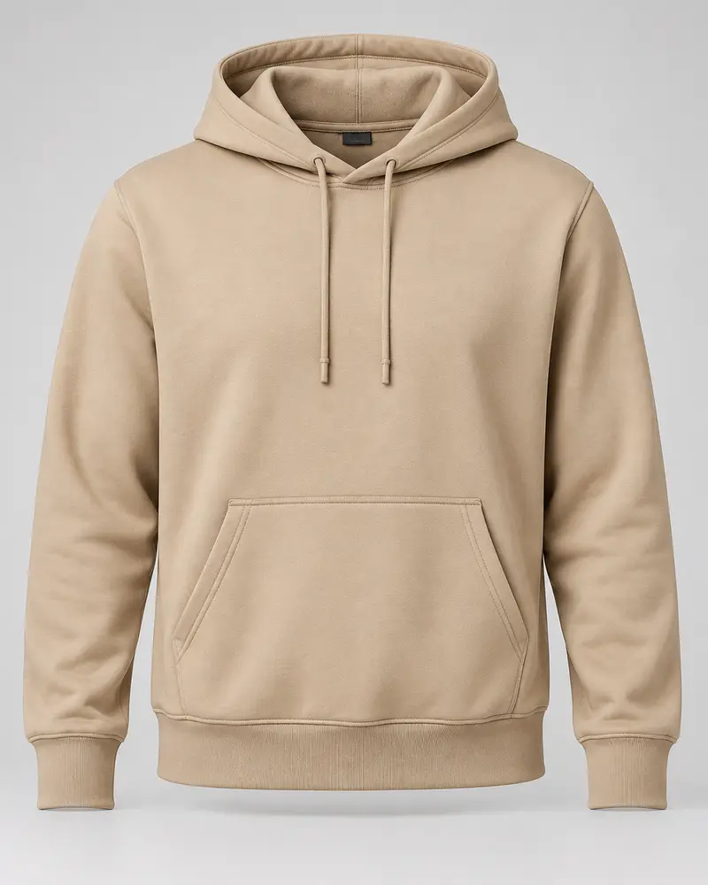 Beige pullover hoodie with drawcord hood and kangaroo pocket, front view
