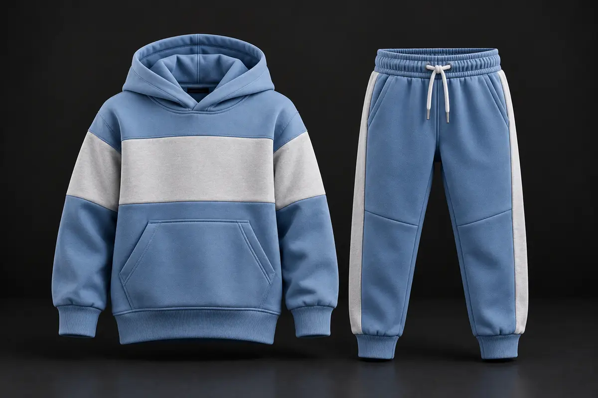Children's blue and light-grey colour-block hoodie with kangaroo pocket beside matching blue joggers with grey side panels and drawcord