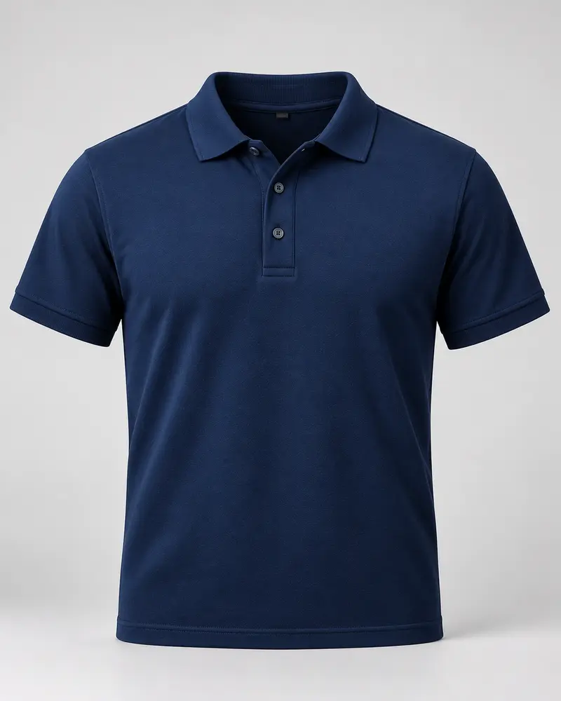 Navy short-sleeve polo shirt with three-button placket, front view