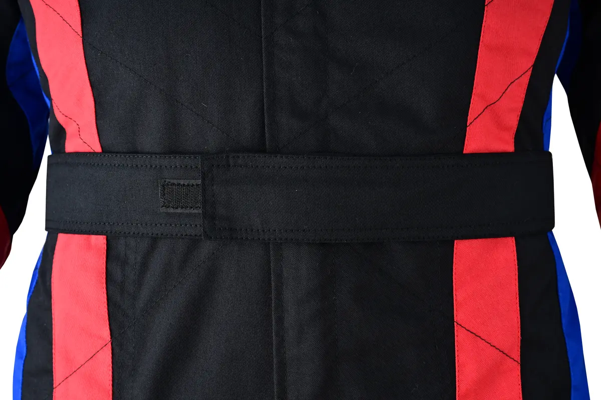 Close-up of the adjustable waist belt on a black racing suit with red and blue panels