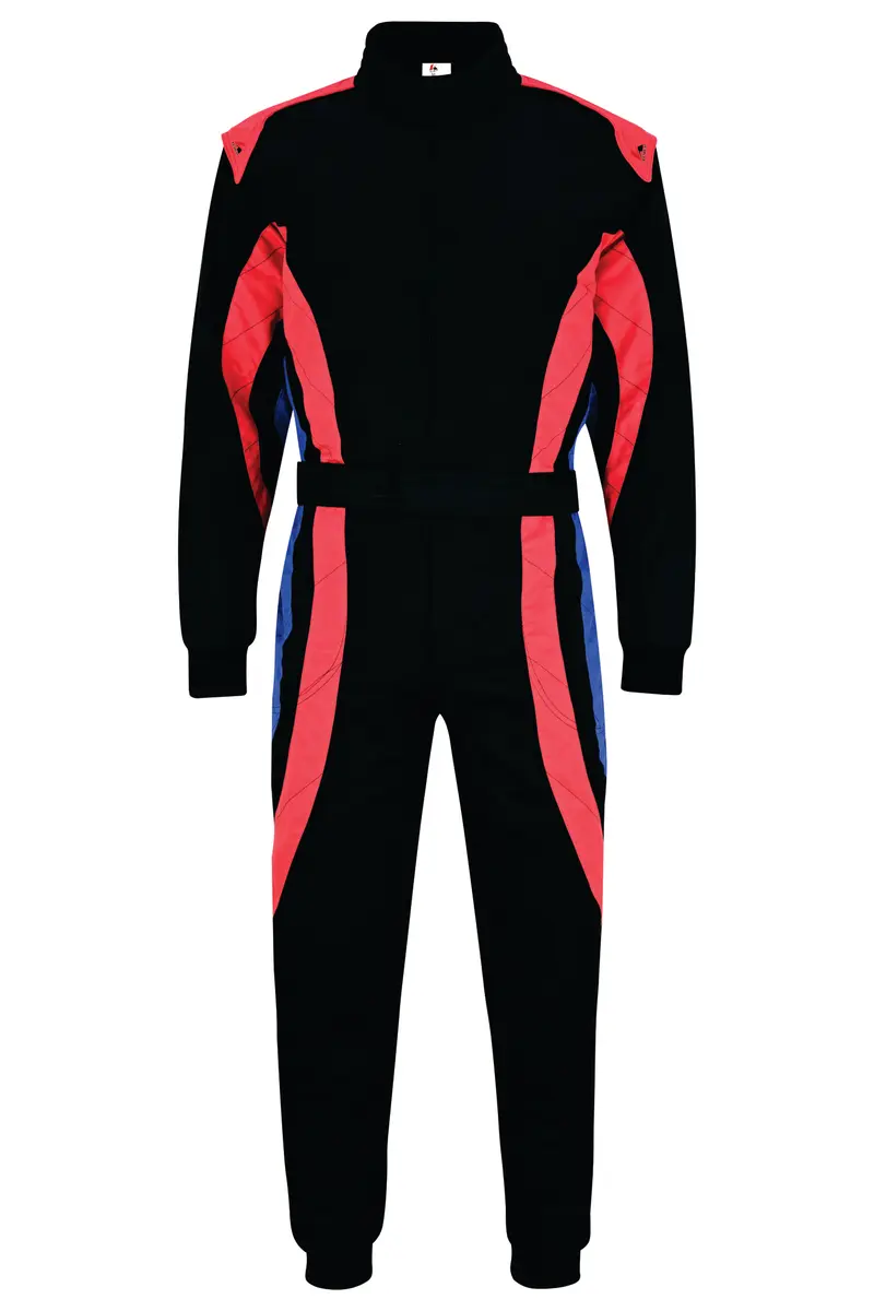 Black one-piece racing suit with red and blue curved side panels and a waist belt, front view
