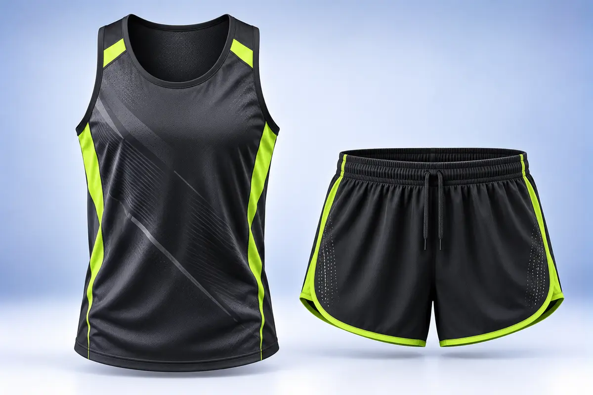 Black running singlet with lime-green panels and matching split-hem shorts, front view