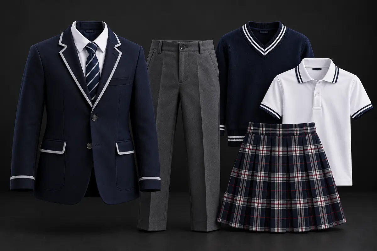 School uniform range: navy blazer with white edge braiding, white shirt and striped tie, grey trousers, navy V-neck sweater with tipped trim, white tipped polo shirt and navy tartan pleated skirt