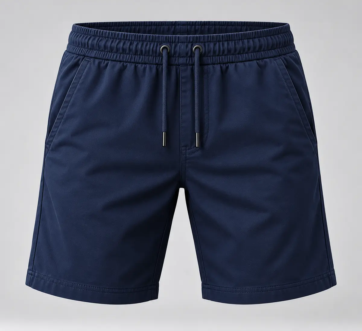 Navy drawcord shorts with side pockets, front view