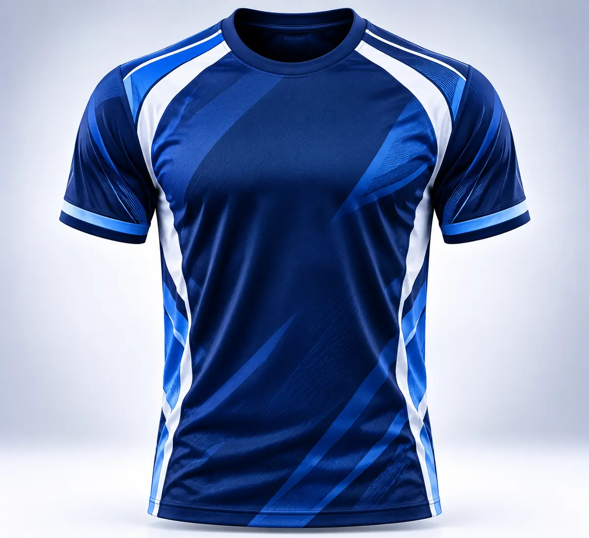 Navy and royal-blue sublimated crew-neck sports jersey with white side panels, front view