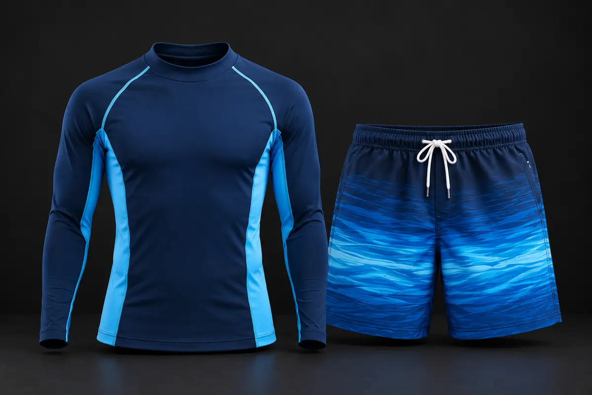 Navy long-sleeve rash guard with light-blue side panels beside blue printed swim shorts with a white drawcord