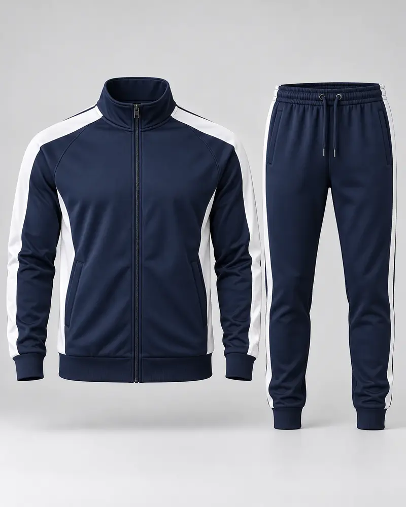 Navy tracksuit with white side panels: zip jacket and cuffed joggers, front view