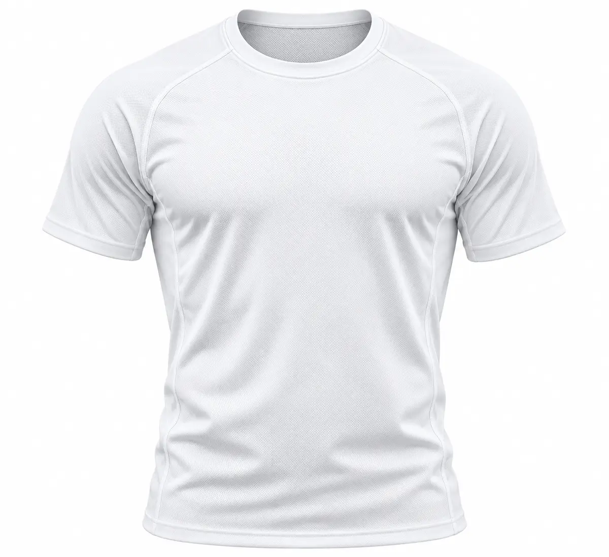 White short-sleeve training T-shirt in mesh-textured knit with raglan sleeves and side panel seams, front view