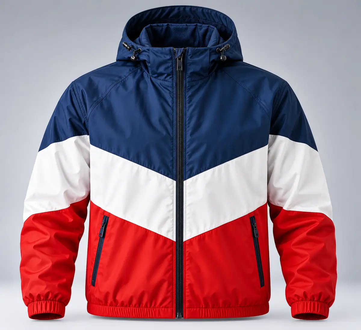 Navy, white and red colour-block hooded windbreaker with zipped hand pockets, front view